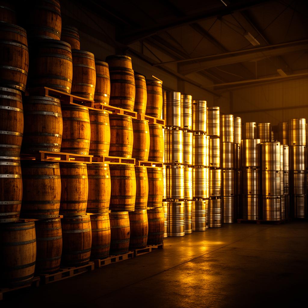 Stainless steel honey drums stacked in a warm-lit warehouse