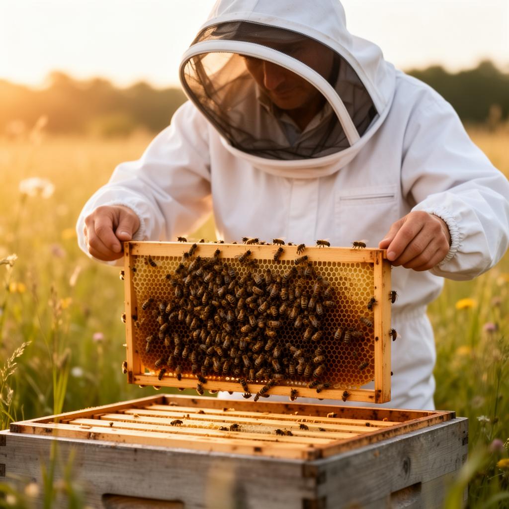 Beekeeper inspecting a honeycomb frame in a wildflower meadow at golden hour