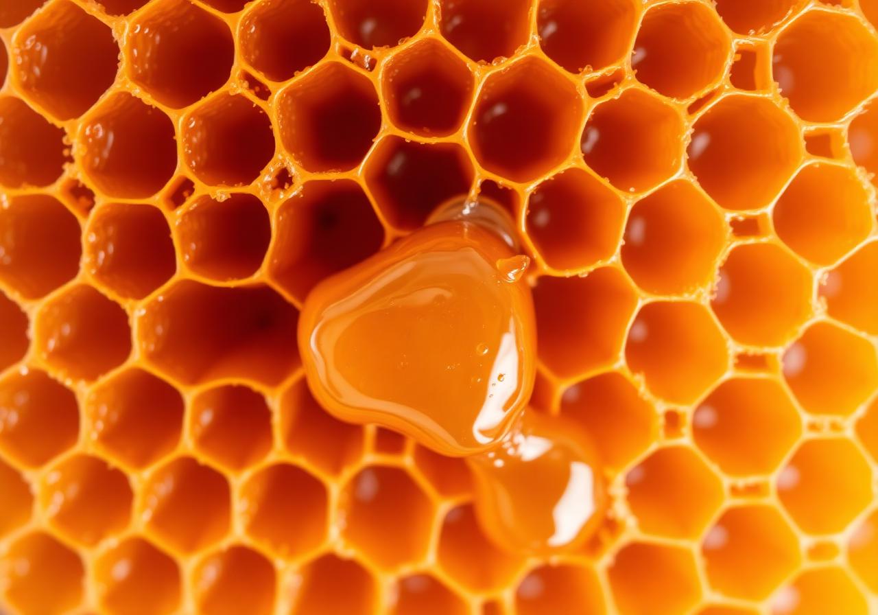 Macro of fresh honeycomb with golden honey