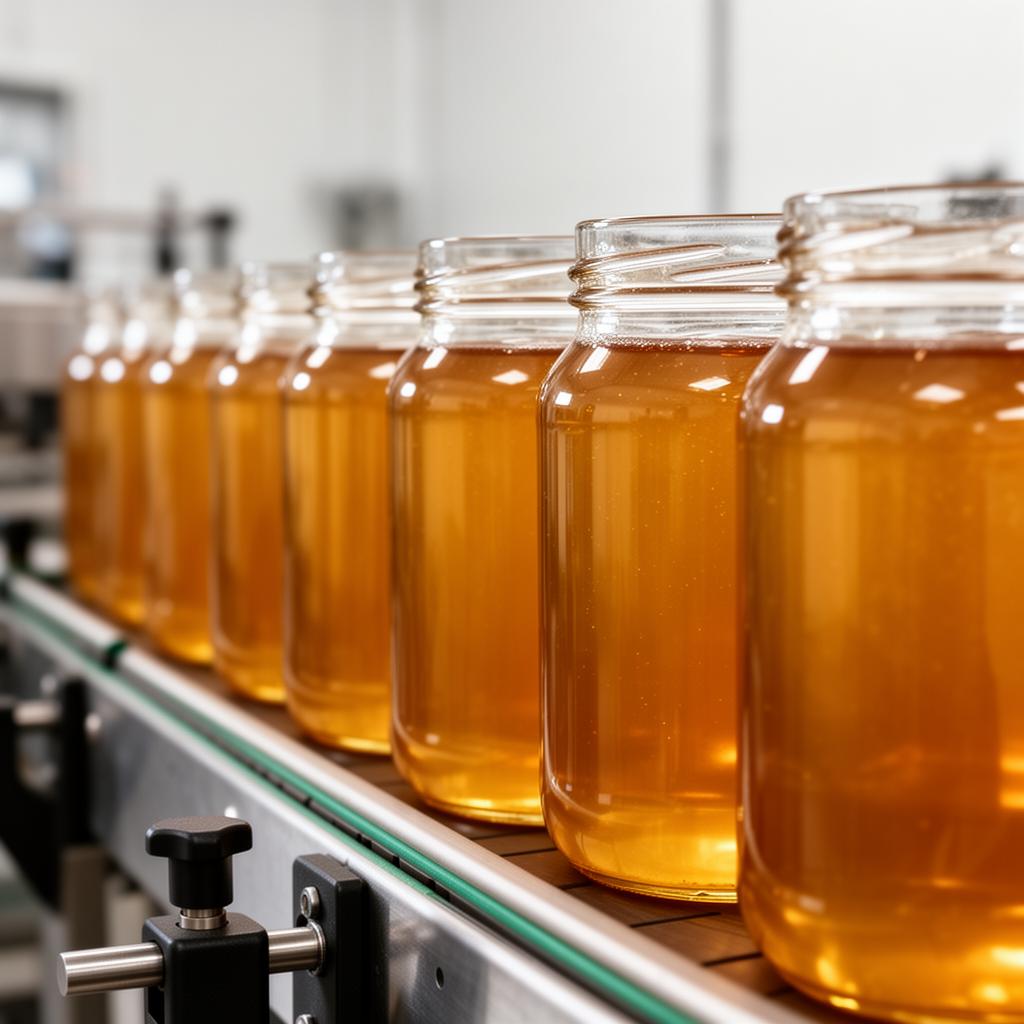 Row of glass jars filled with golden honey on a production line