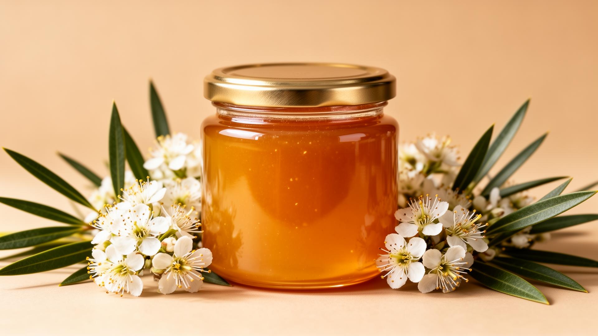 Premium New Zealand Manuka honey jar with manuka blossoms